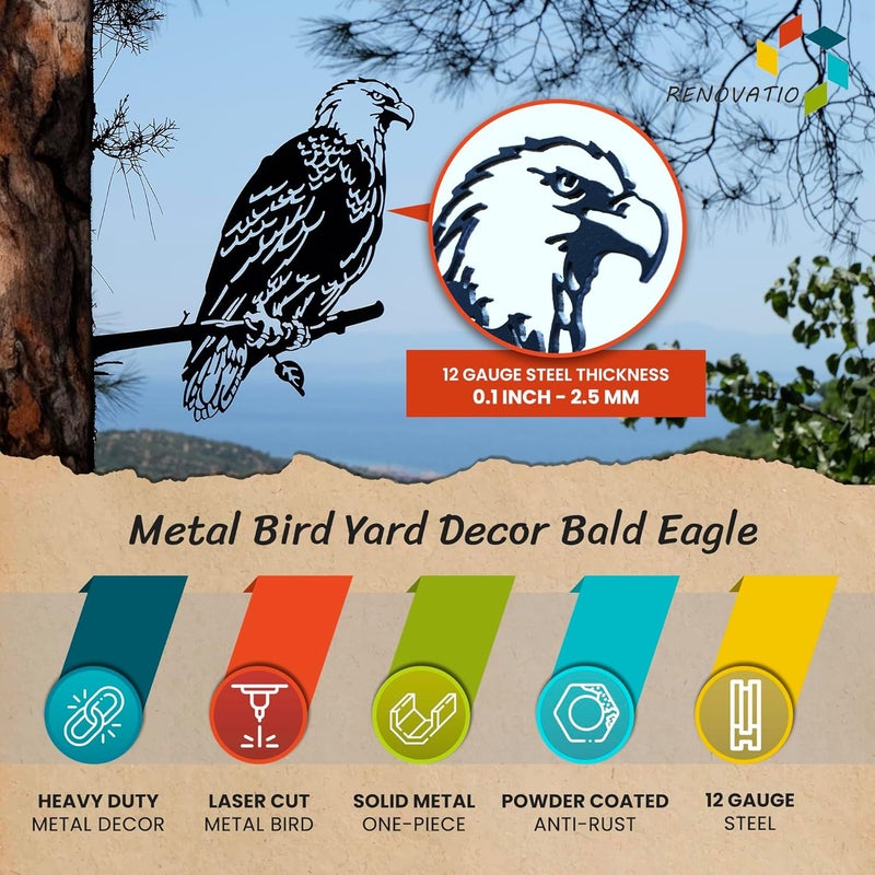 Renovatio Metal Bald Eagle Yard Decor – Majestic Bird Decoration, Metal Bird Decoration, Outdoor Tree Ornaments – Ideal for Dad, Uncle, or Grandfather – A Remarkable Outdoor Yard Decor – Black - Image 3
